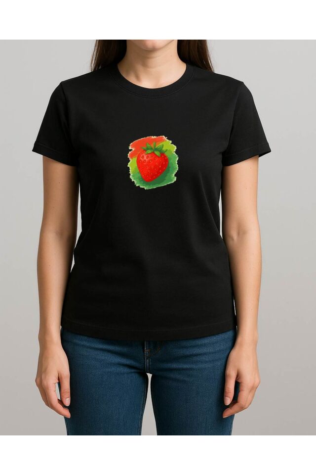 Tişört Unisex (Çilek) Siyah - XL