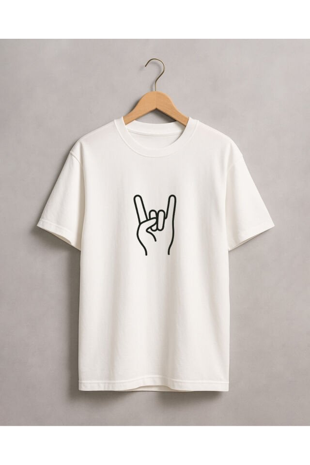 Tişört Unisex (Rock El İşareti) Erkek Beyaz - M