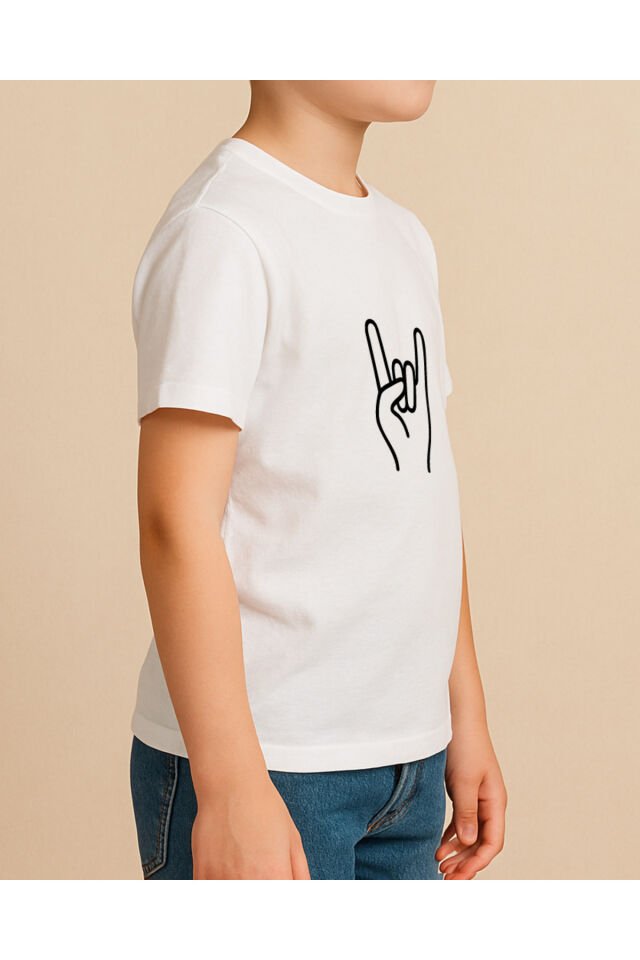 Tişört Unisex Çocuk (Rock El İşareti) Erkek Beyaz - 4-5 Yaş