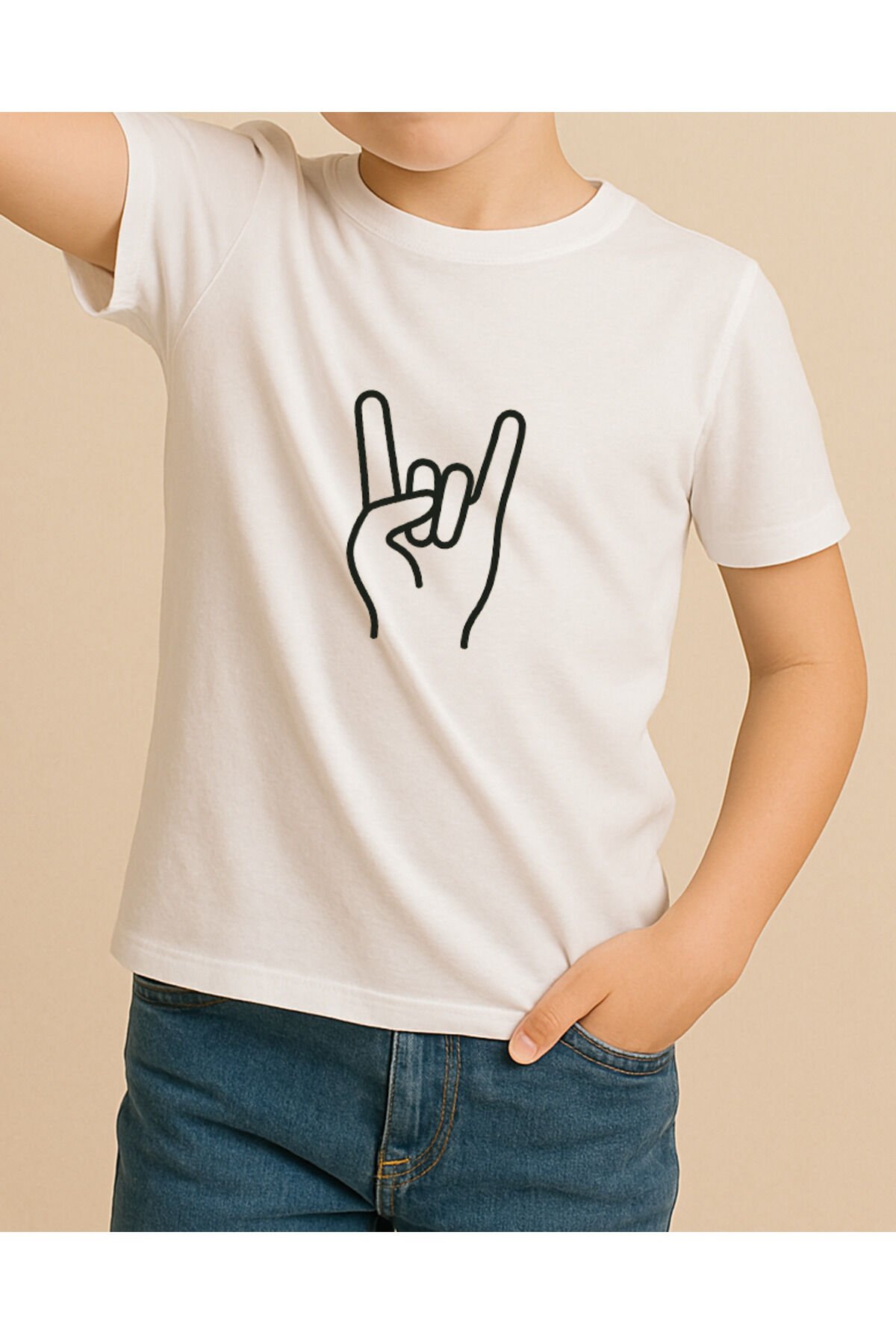 Tişört Unisex Çocuk (Rock El İşareti) Erkek Beyaz - 4-5 Yaş