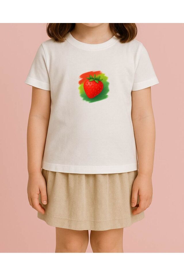 Tişört Unisex Çocuk (Çilek) Beyaz - 4-5 Yaş