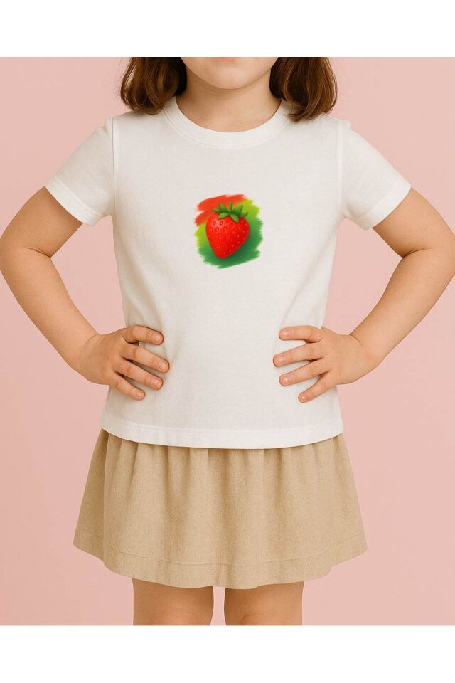 Tişört Unisex Çocuk (Çilek) Beyaz - 4-5 Yaş