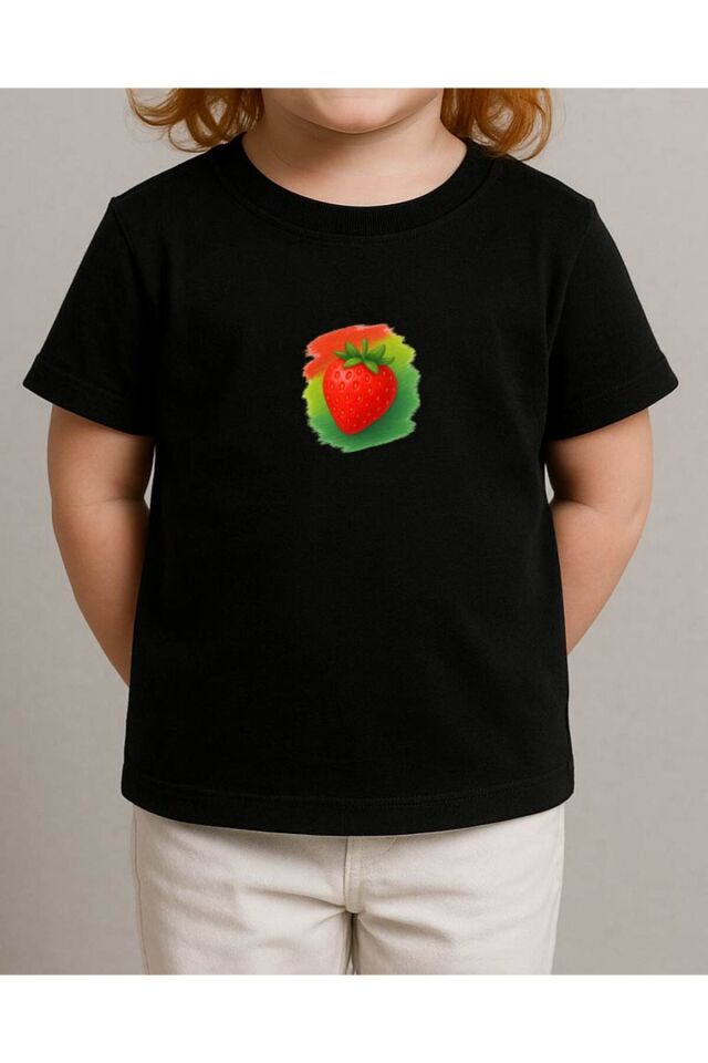 Tişört Unisex Çocuk (Çilek) Siyah - 10-11 Yaş