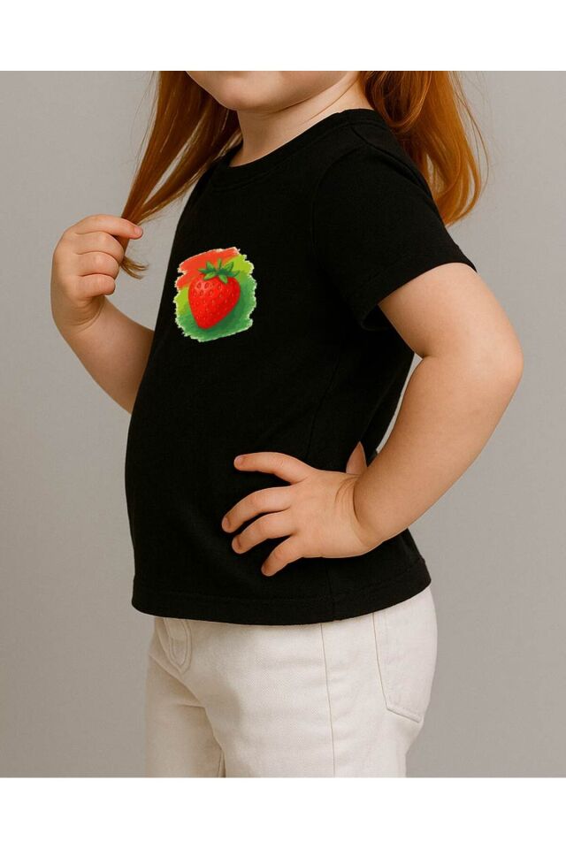 Tişört Unisex Çocuk (Çilek) Siyah - 10-11 Yaş