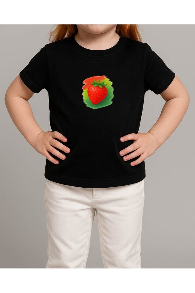 Tişört Unisex Çocuk (Çilek) Siyah - 10-11 Yaş