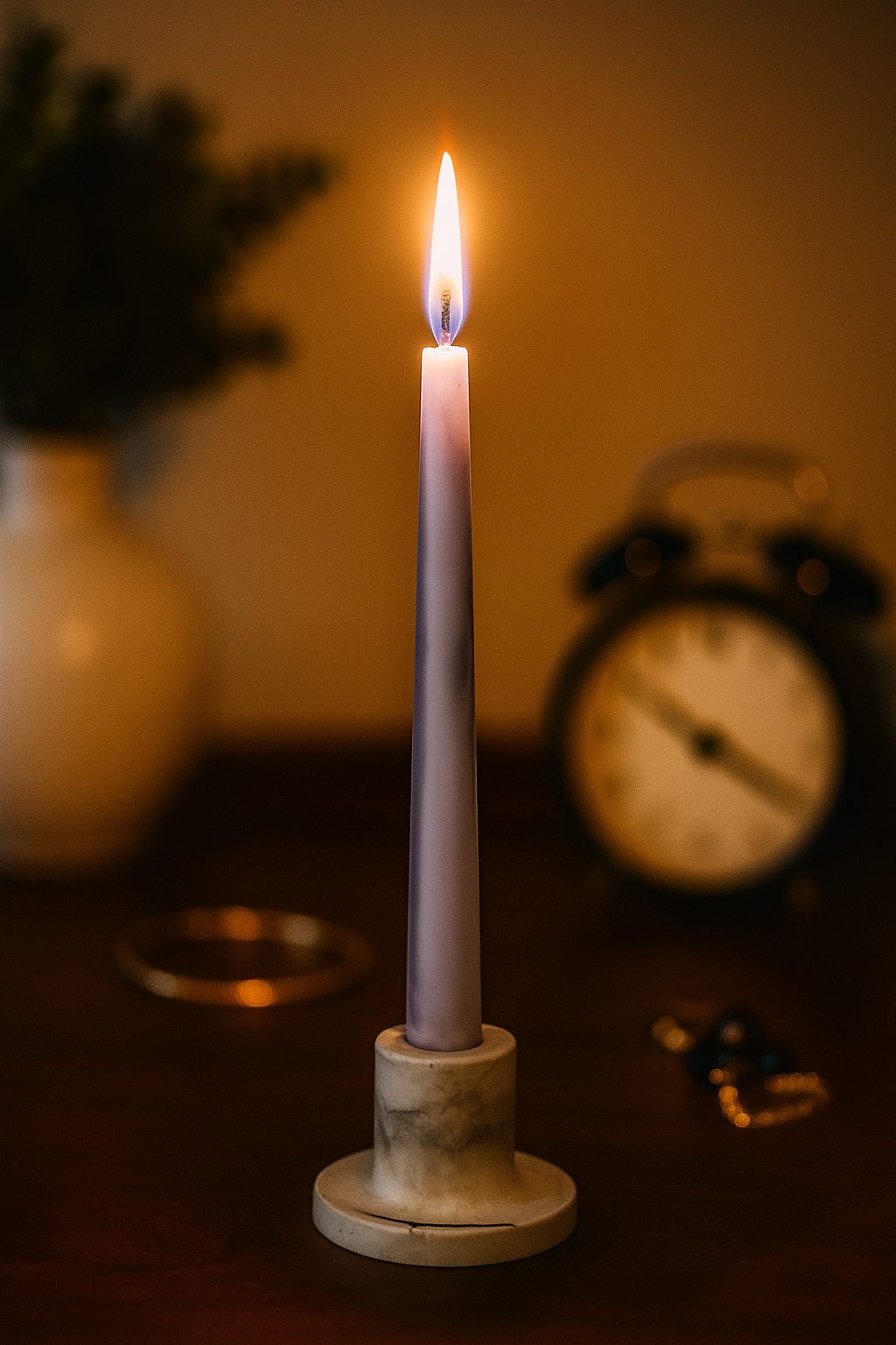 Şamdanlı Renkli Mum Mor-Beyaz