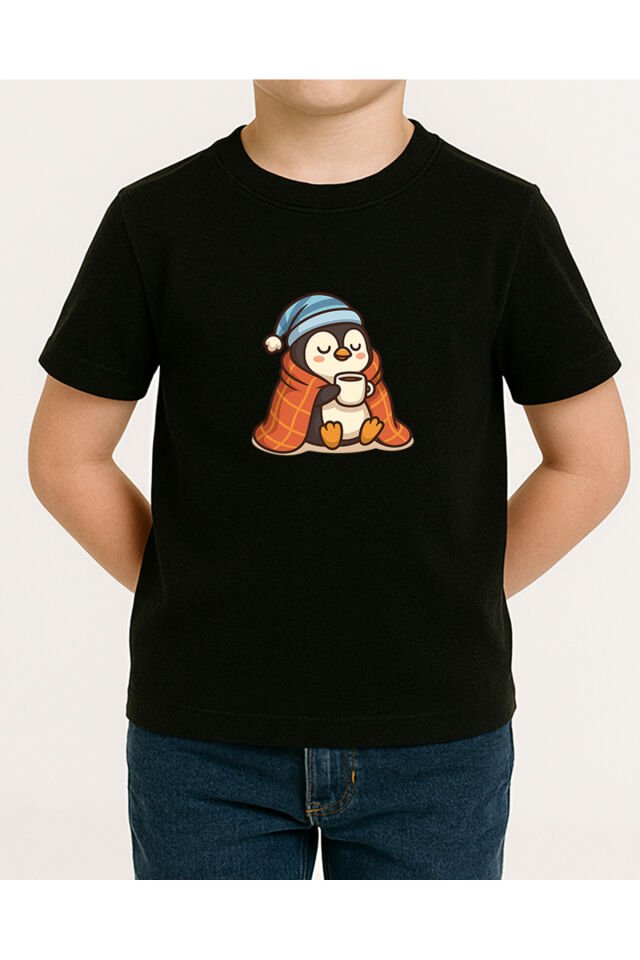 Tişört Unisex Çocuk (Penguen) Erkek Si̇yah - 4-5 Yaş