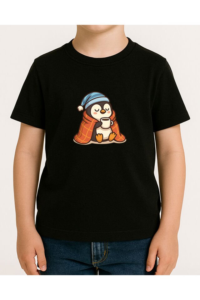 Tişört Unisex Çocuk (Penguen) Erkek Si̇yah - 4-5 Yaş