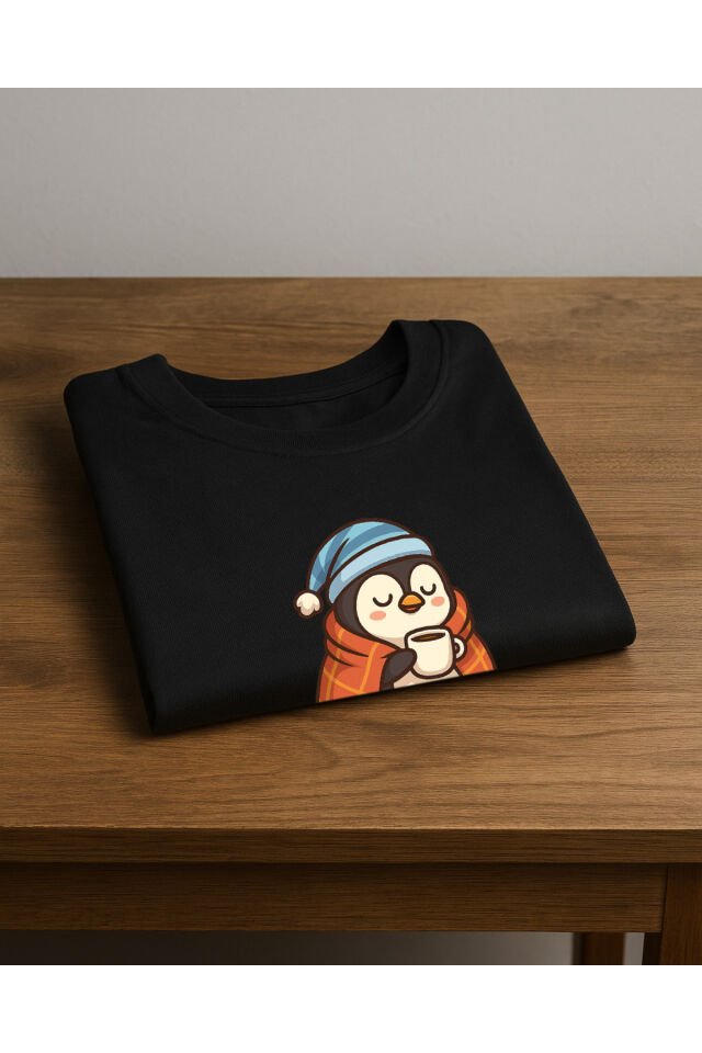 Tişört Unisex Çocuk (Penguen) Erkek Si̇yah - 10-11 Yaş