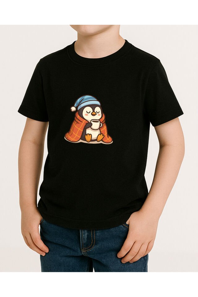 Tişört Unisex Çocuk (Penguen) Erkek Si̇yah - 10-11 Yaş