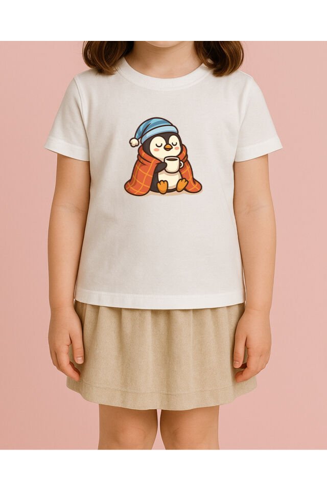 Tişört Unisex Çocuk (Penguen) Kiz Beyaz - 4-5 Yaş
