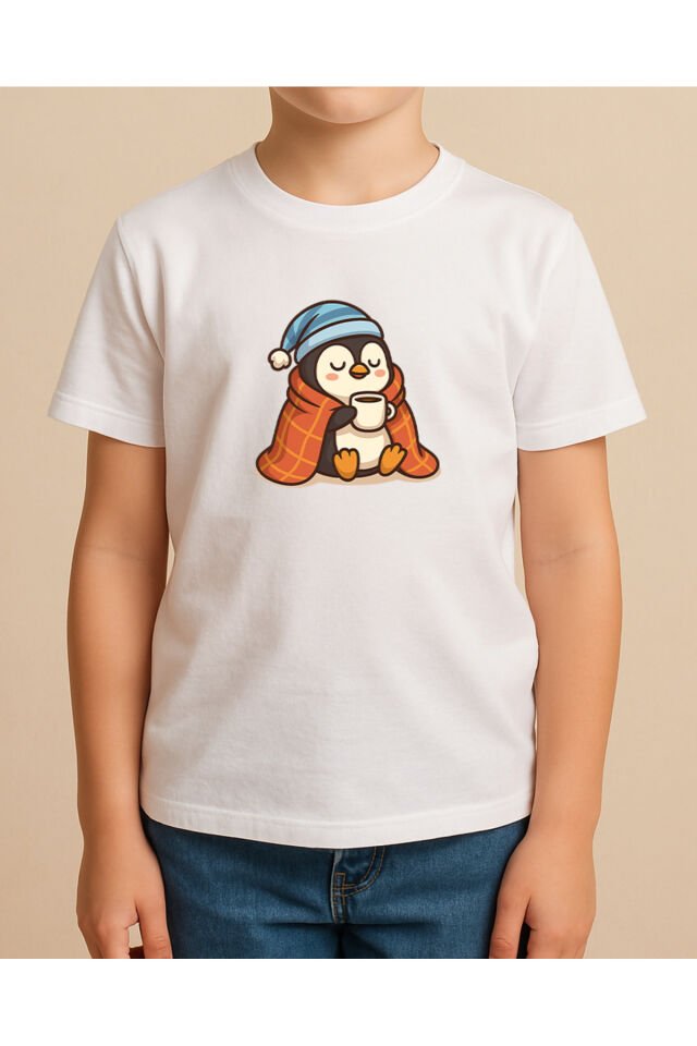 Tişört Unisex Çocuk (Penguen) Erkek Beyaz - 4-5 Yaş