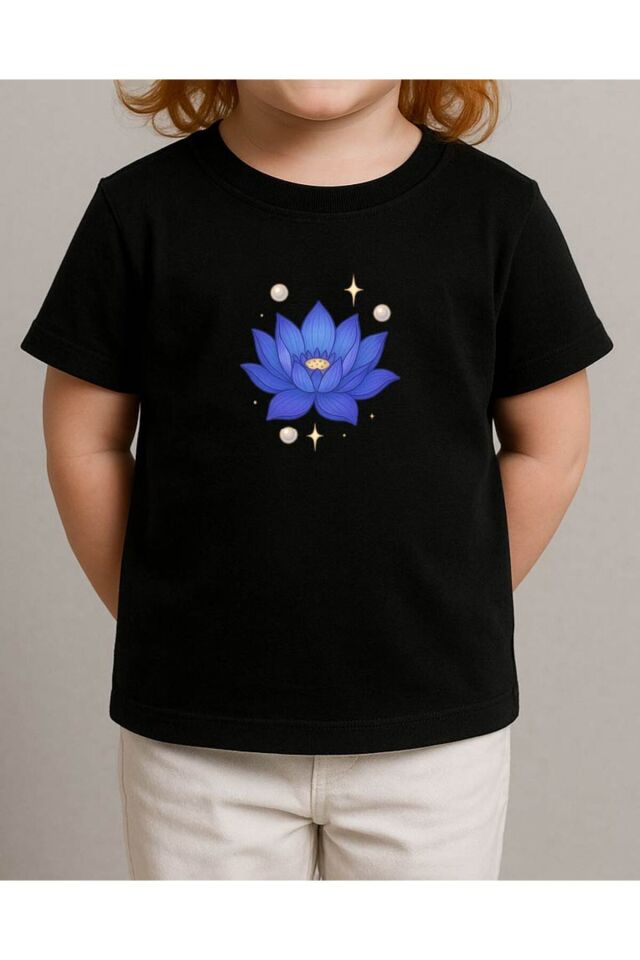Tişört Unisex Çocuk (Lotus Çiçeği) Siyah - 10-11 Yaş