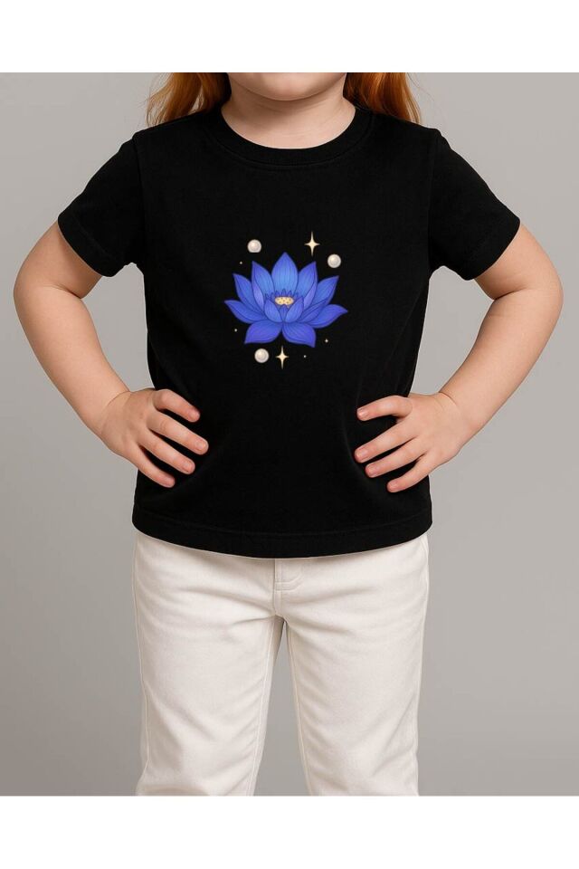 Tişört Unisex Çocuk (Lotus Çiçeği) Siyah - 10-11 Yaş