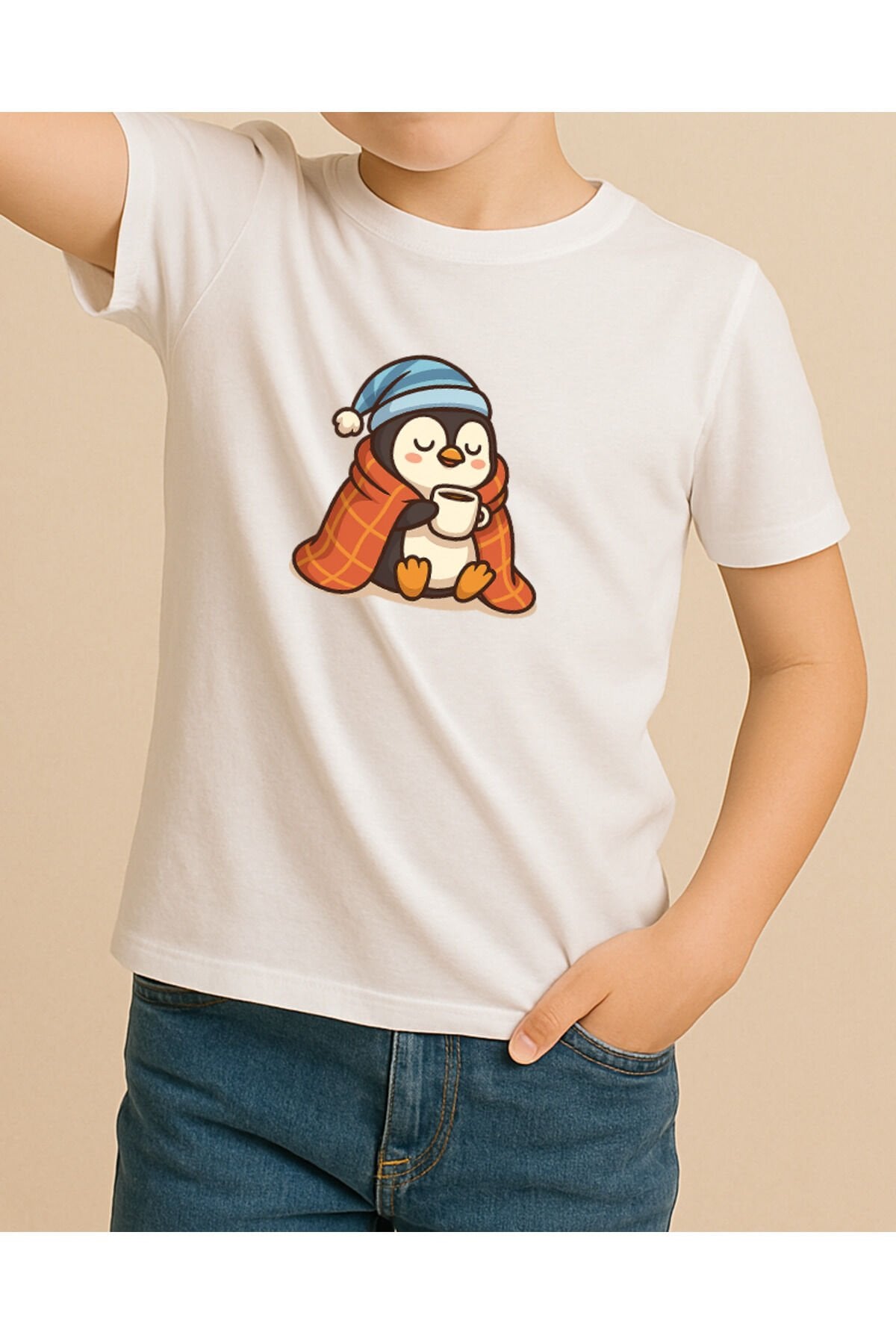 Tişört Unisex Çocuk (Penguen) Erkek Beyaz - 10-11 Yaş