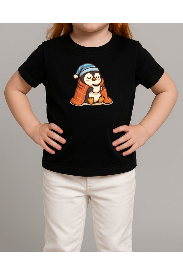 Tişört Unisex Çocuk (Penguen) Kiz Si̇yah - 4-5 Yaş