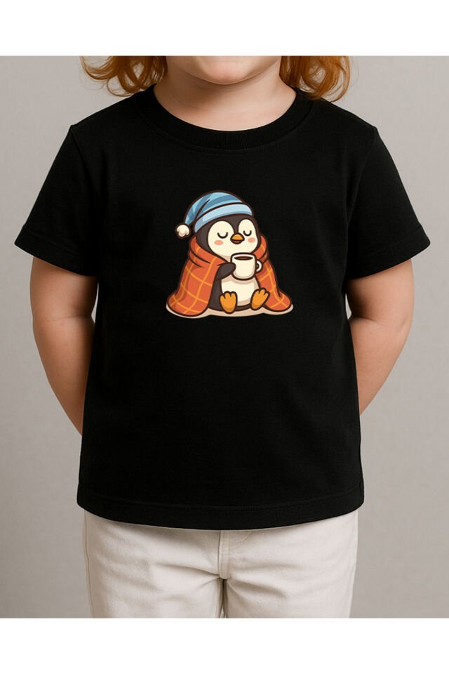 Tişört Unisex Çocuk (Penguen) Kiz Si̇yah - 10-11 Yaş
