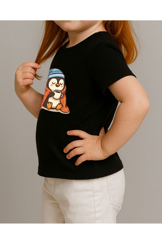 Tişört Unisex Çocuk (Penguen) Kiz Si̇yah - 10-11 Yaş