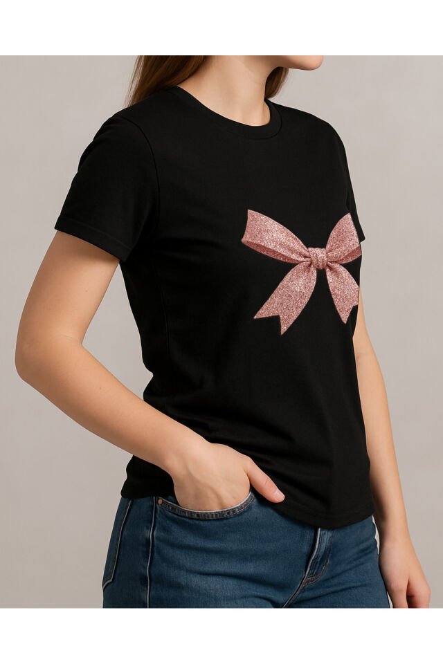 Tişört Unisex (Simli Kurdele) Kadin Si̇yah - 2XL