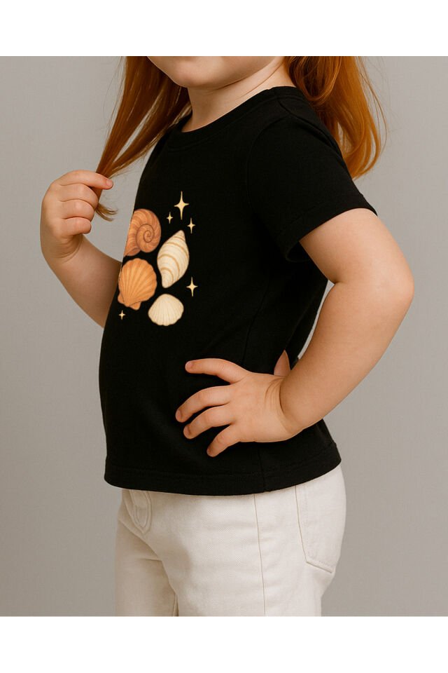 Tişört Unisex Çocuk (Deniz Kabuğu Karışık) Siyah - 4-5 Yaş