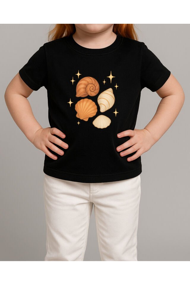 Tişört Unisex Çocuk (Deniz Kabuğu Karışık) Siyah - 4-5 Yaş