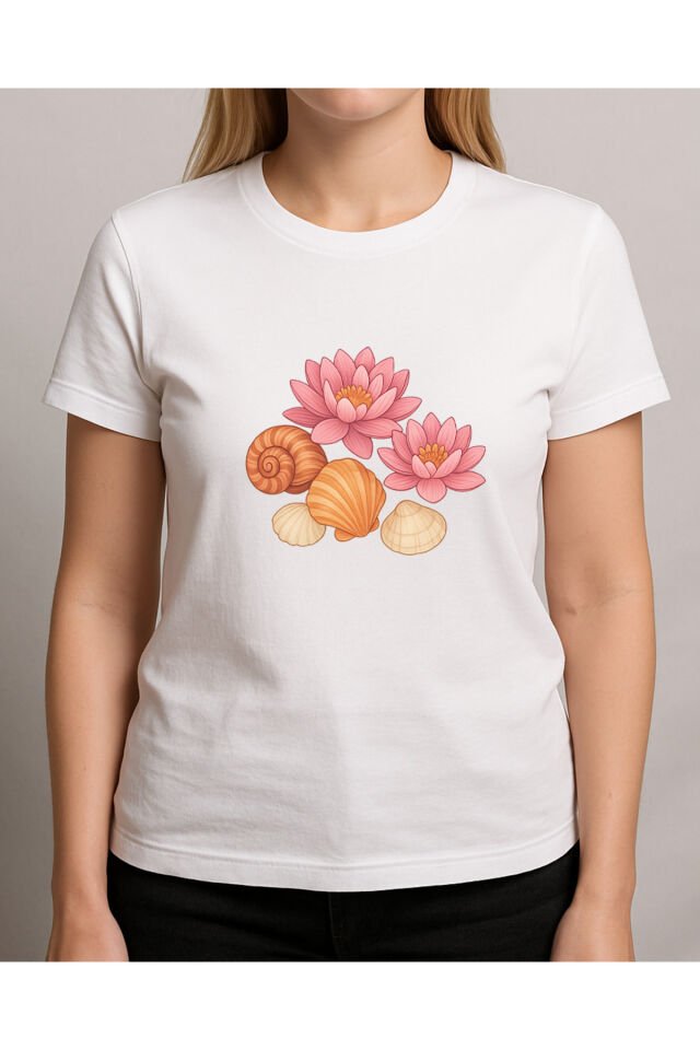 Tişört Unisex (Lotus Çiçeği Deniz Kabuğu Karışık) Beyaz - L