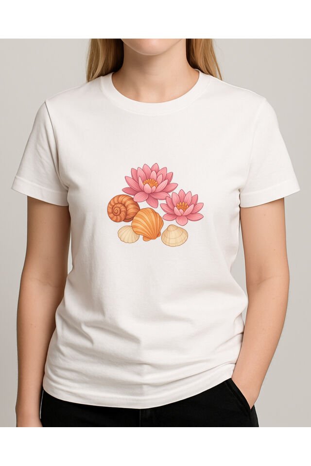 Tişört Unisex (Lotus Çiçeği Deniz Kabuğu Karışık) Beyaz - 2XL