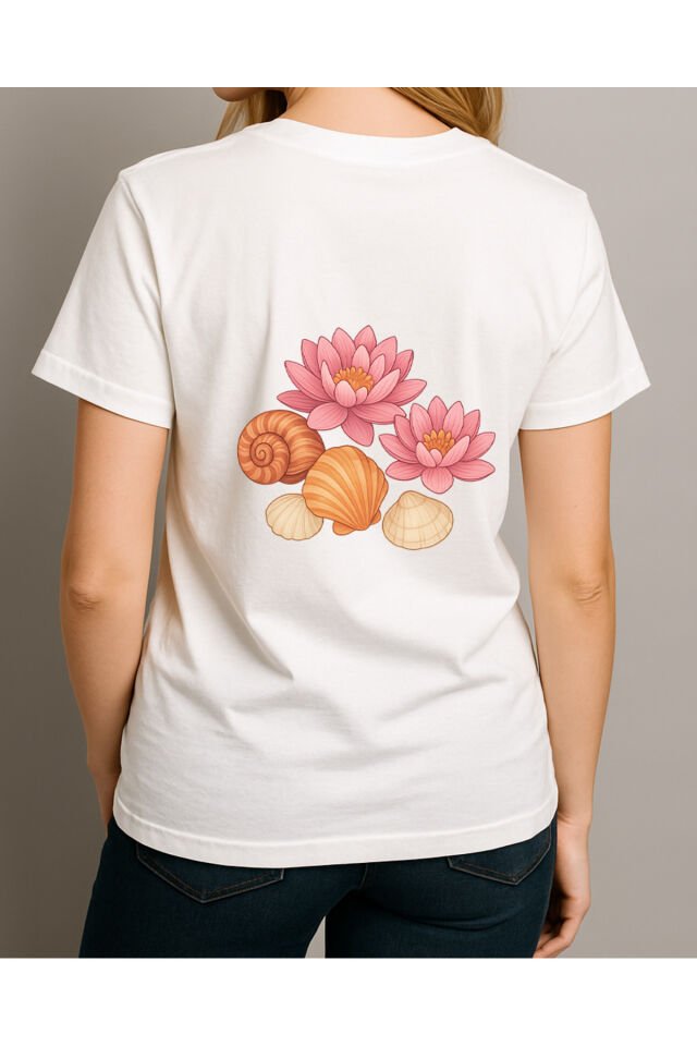 Tişört Unisex (Lotus Çiçeği Deniz Kabuğu Karışık) Beyaz - M