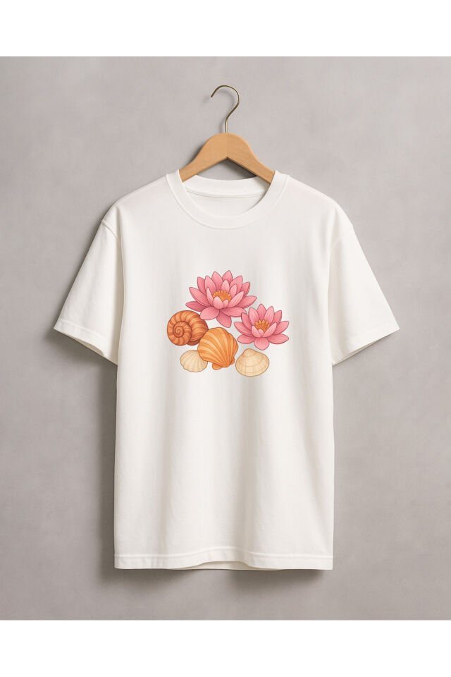 Tişört Unisex (Lotus Çiçeği Deniz Kabuğu Karışık) Beyaz - XL