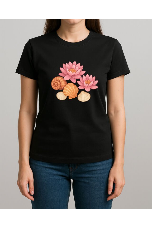 Tişört Unisex (Lotus Çiçeği Deniz Kabuğu Karışık) Siyah - M