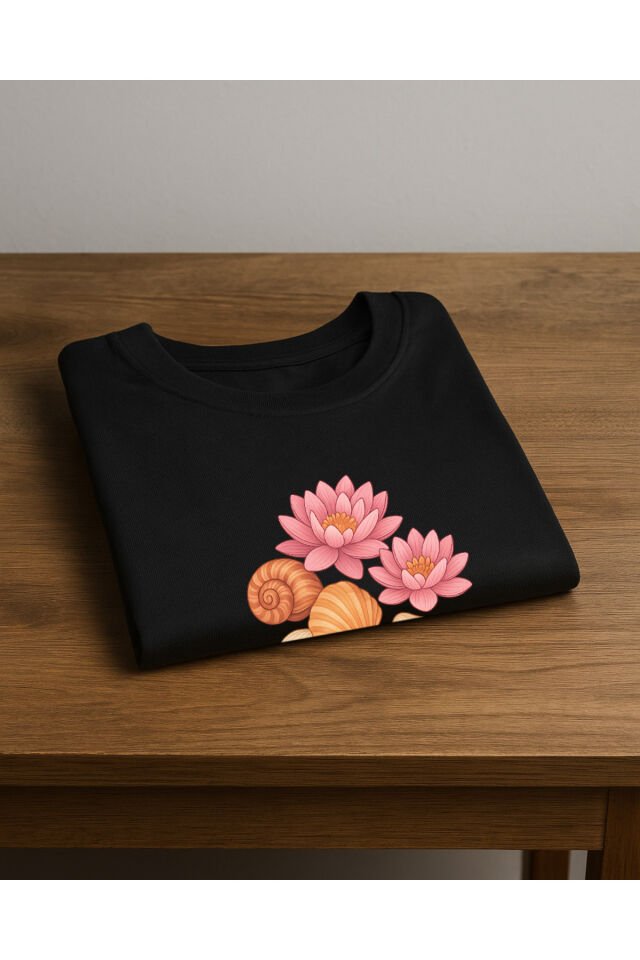Tişört Unisex (Lotus Çiçeği Deniz Kabuğu Karışık) Siyah - S