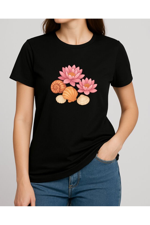Tişört Unisex (Lotus Çiçeği Deniz Kabuğu Karışık) Siyah - XL