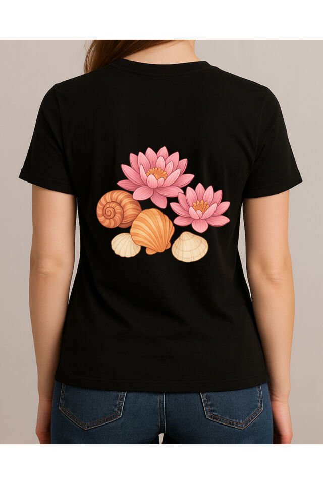 Tişört Unisex (Lotus Çiçeği Deniz Kabuğu Karışık) Siyah - XL