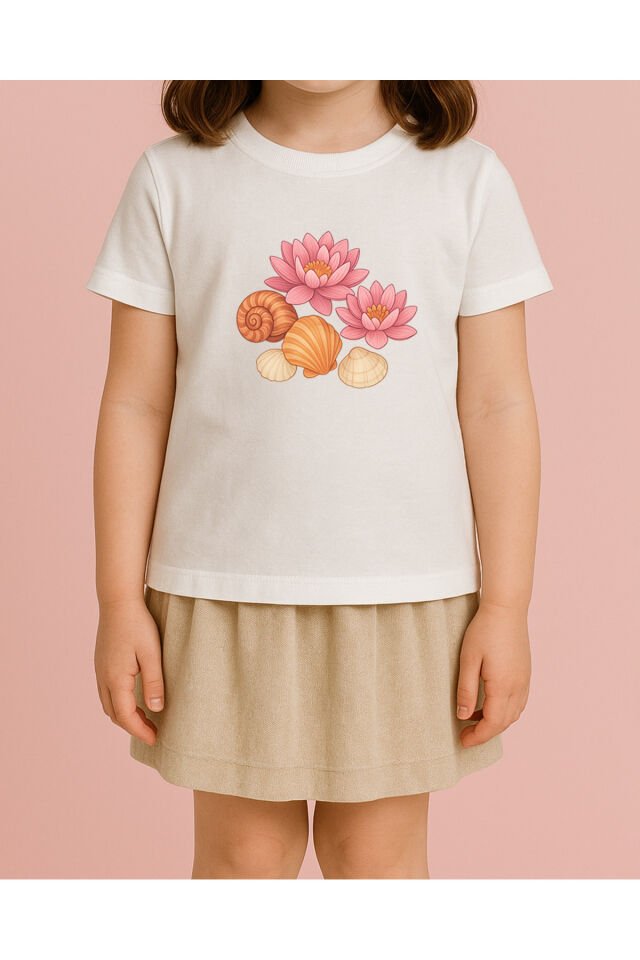 Tişört Unisex Çocuk (Lotus Çiçeği Deniz Kabukları Karışık) Beyaz - 10-11 Yaş