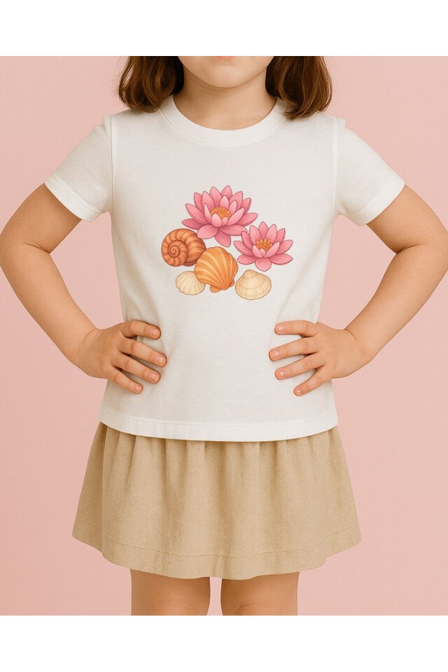 Tişört Unisex Çocuk (Lotus Çiçeği Deniz Kabukları Karışık) Beyaz - 10-11 Yaş