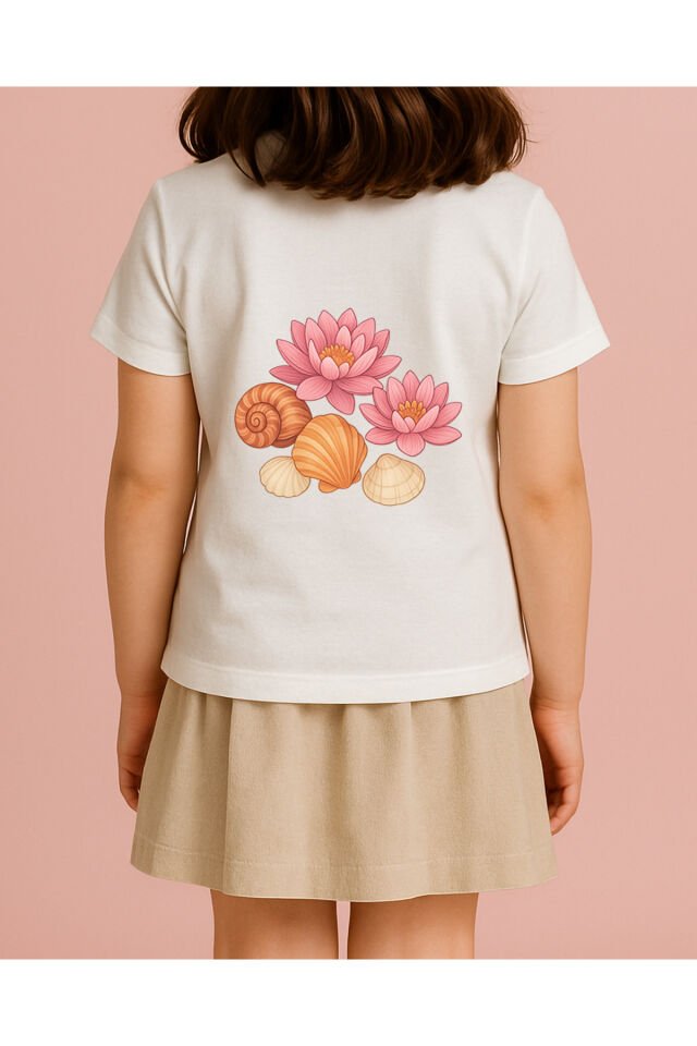 Tişört Unisex Çocuk (Lotus Çiçeği Deniz Kabukları Karışık) Beyaz - 4-5 Yaş