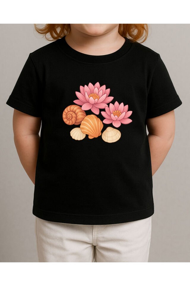 Tişört Unisex Çocuk (Lotus Çiçeği Deniz Kabukları Karışık) Siyah - 10-11 Yaş