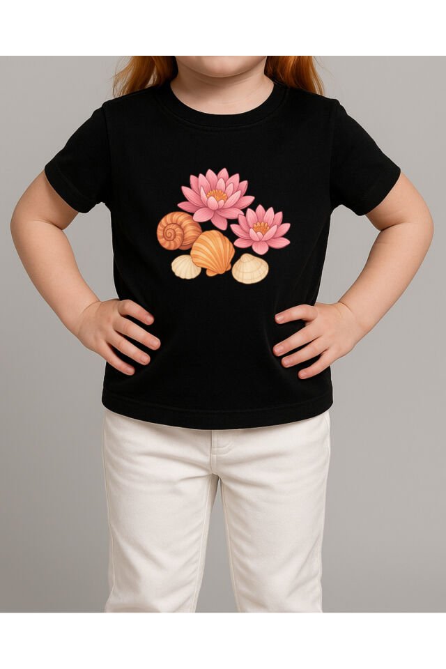 Tişört Unisex Çocuk (Lotus Çiçeği Deniz Kabukları Karışık) Siyah - 4-5 Yaş
