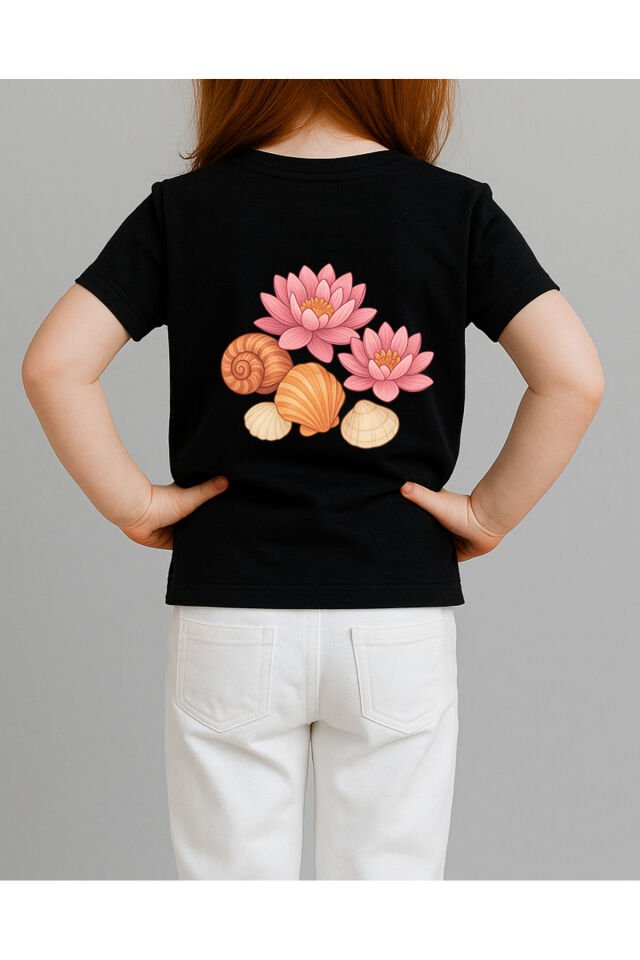 Tişört Unisex Çocuk (Lotus Çiçeği Deniz Kabukları Karışık) Siyah - 4-5 Yaş