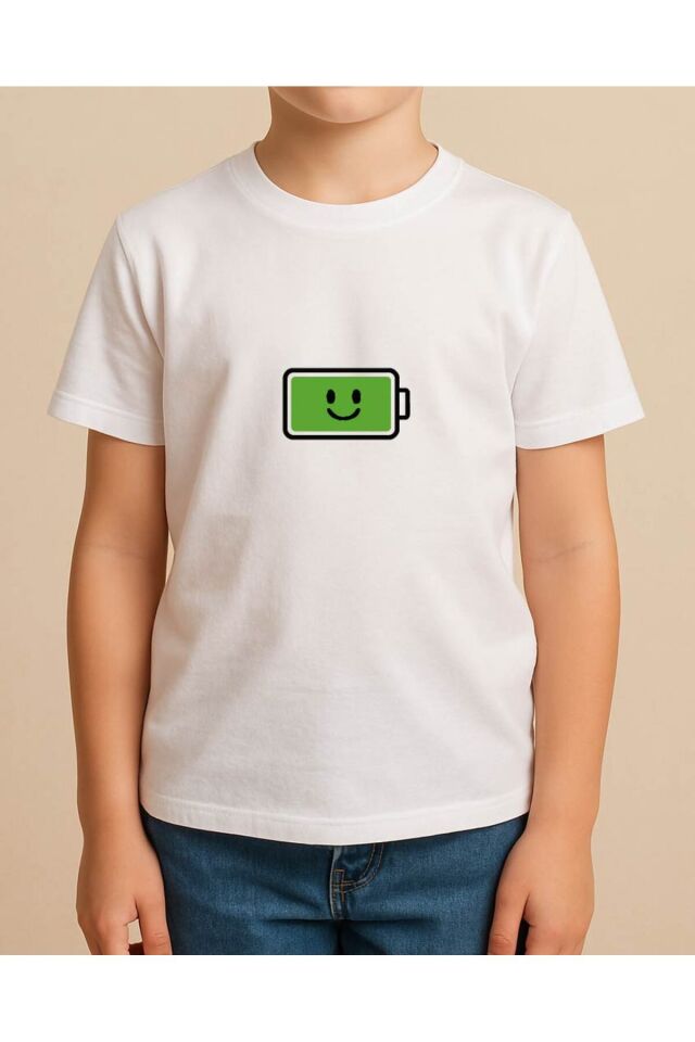 Tişört Unisex Çocuk (Şarj Mutlu) Erkek Beyaz - 2XL