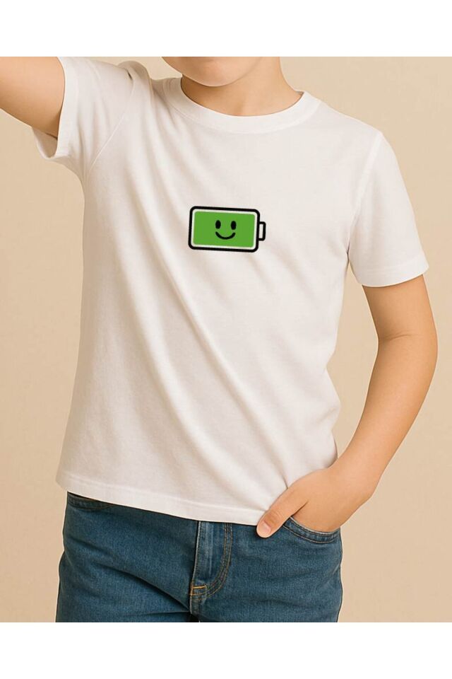 Tişört Unisex Çocuk (Şarj Mutlu) Erkek Beyaz - XL