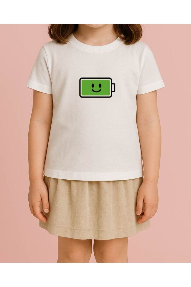 Tişört Unisex Çocuk (Şarj Mutlu) Kiz Beyaz - 4-5 Yaş