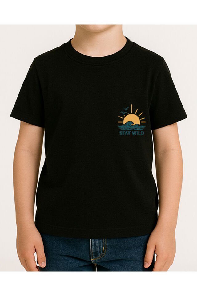 Tişört Unisex Çocuk (Stay Wild) Erkek Si̇yah - 10-11 Yaş