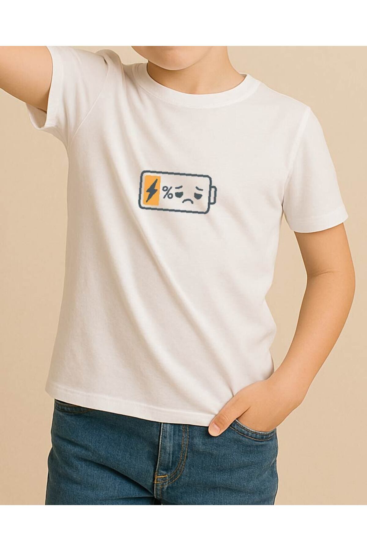 Tişört Unisex Çocuk (Şarj Oluyor) Erkek Beyaz - 10-11 Yaş