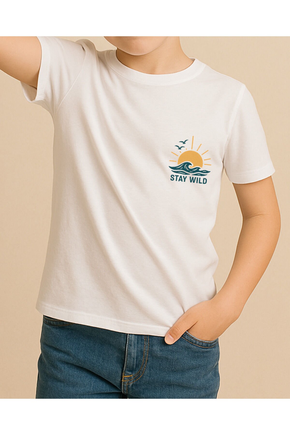 Tişört Unisex Çocuk (Stay Wild) Erkek Beyaz - 4-5 Yaş