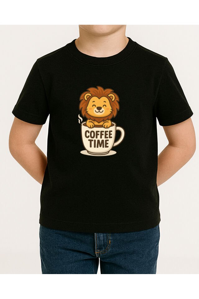 Tişört Unisex Çocuk (Aslan Coffee) Erkek Si̇yah - 4-5 Yaş