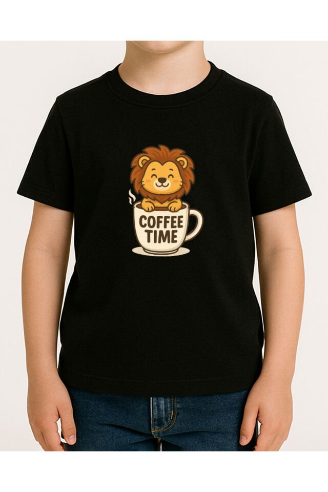 Tişört Unisex Çocuk (Aslan Coffee) Erkek Si̇yah - 10-11 Yaş