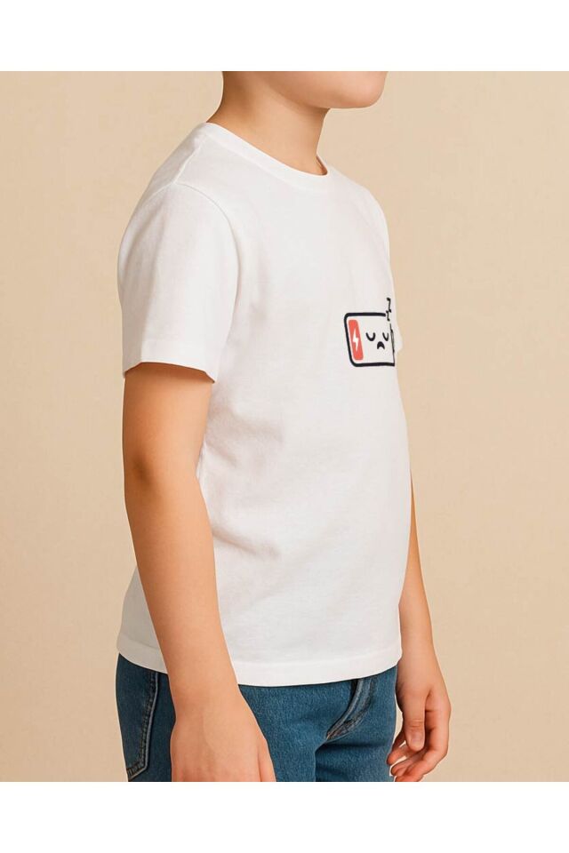 Tişört Unisex Çocuk (Şarj Bitmiş) Erkek Beyaz - 10-11 Yaş