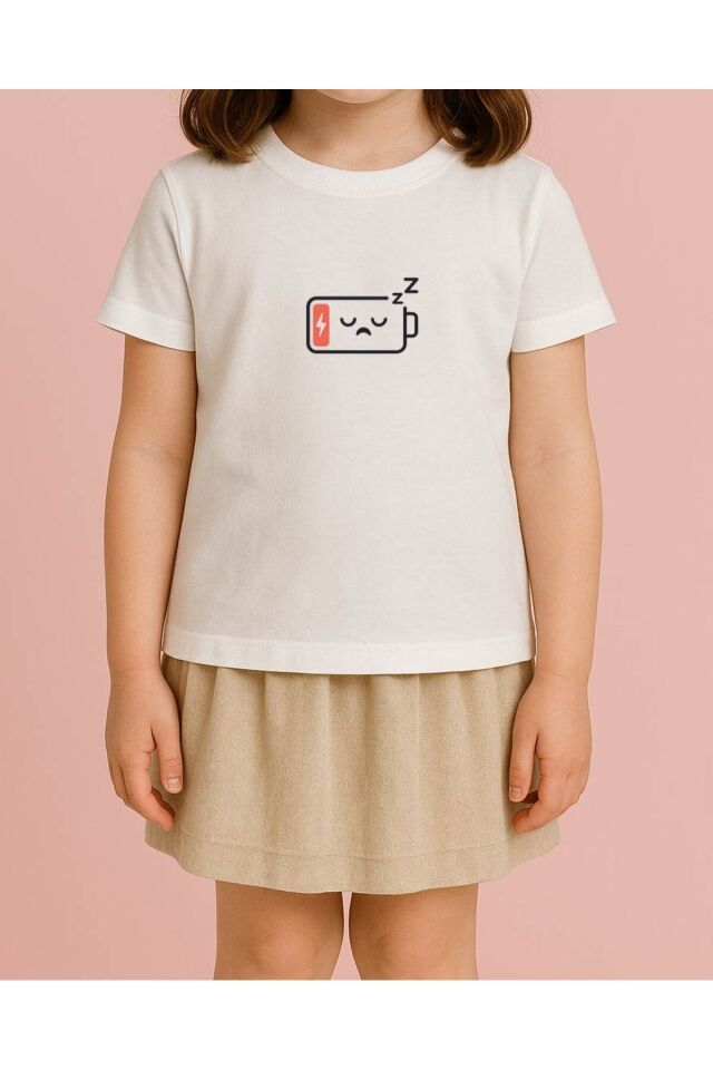 Tişört Unisex Çocuk (Şarj Bitmiş) Kiz Beyaz - 10-11 Yaş